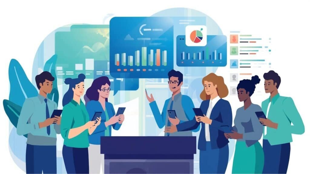 vendedores usando aplicativo para acompanhar metas no PDV.