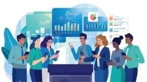 vendedores usando aplicativo para acompanhar metas no PDV.